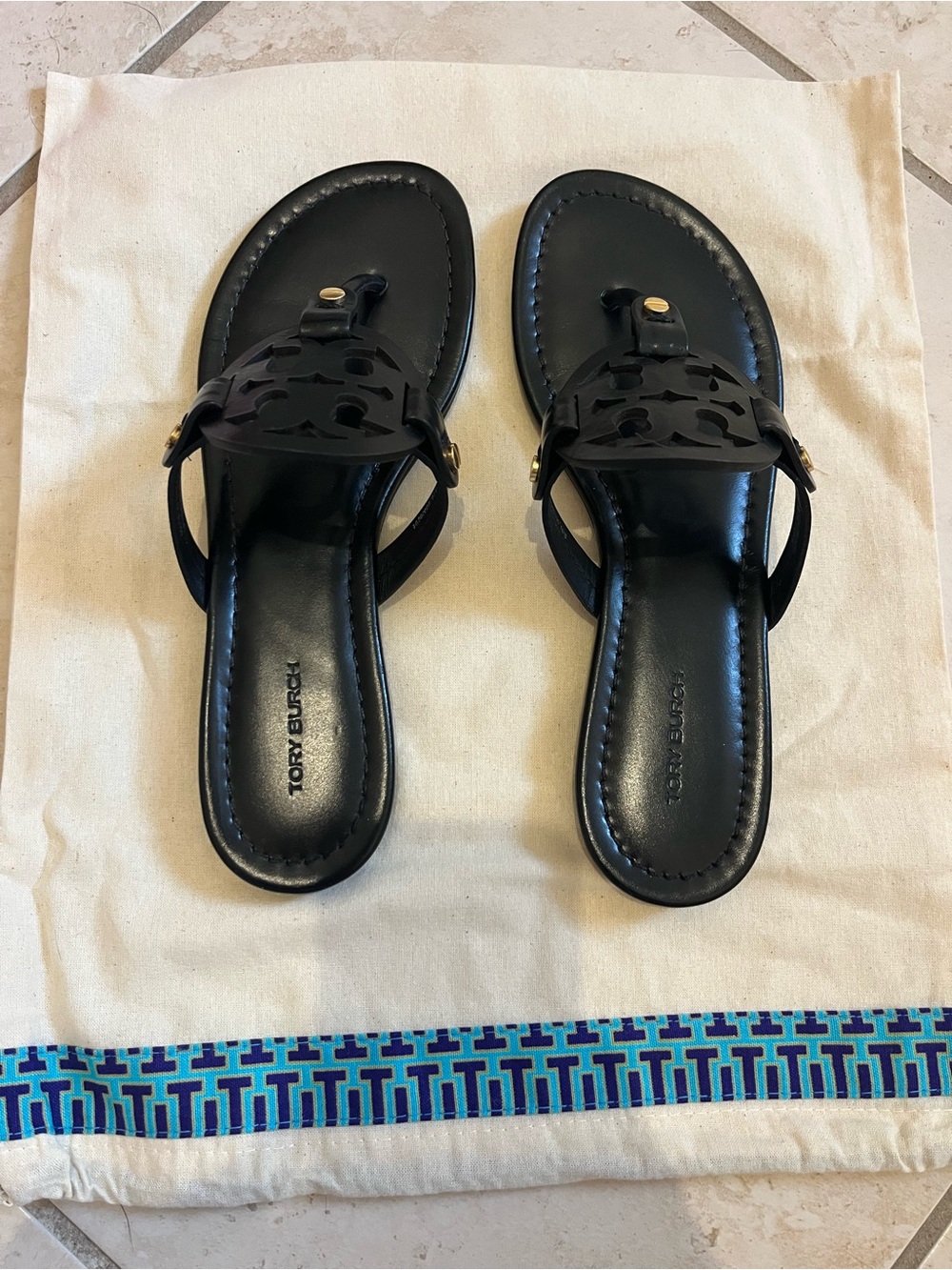 Tory Burch Black Miller Sandals with Gold Accents - Picture 2 of 7
